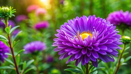 Obraz premium Vibrant purple Aster flower blossoming in a lush garden , purple, Aster, flower, bloom, garden, vibrant, blossoming, nature, beauty