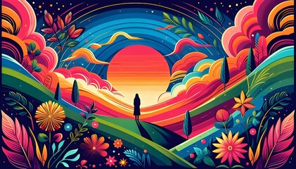 Woman Standing alone in Colorful Fantasy Nature