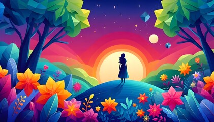 Woman Standing alone in Colorful Fantasy Nature