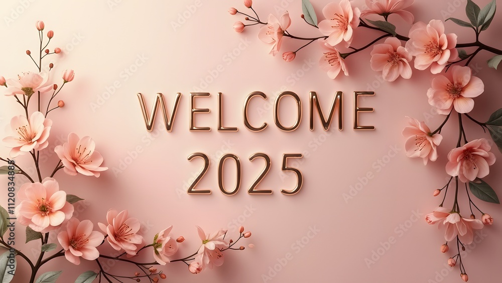 Aufkleber welcome 2025 text with a floral frame on a white background. 3d rendering generated by ai