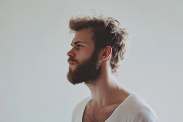 Obraz premium Profile Portrait of a Young Man with a Beard in Natural Light
