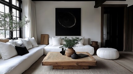 A cozy and inviting farmhouse-style living room with linen sofas, burlap-textured cushions, a woven coffee table centerpiece, a soft neutral rug, and vibrant green plants illuminated by natural light,