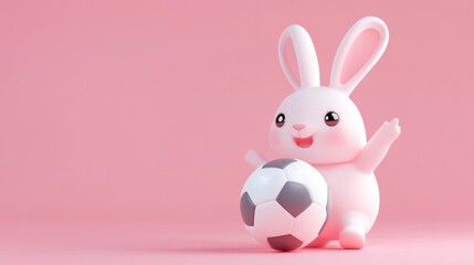 Obraz premium Cute bunny with a soccer ball on a pink background.