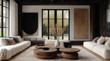 A cozy countryside living room with wide French doors opening to a sunlit garden, soft neutral furniture, textured throws, wooden floors with layered rugs,