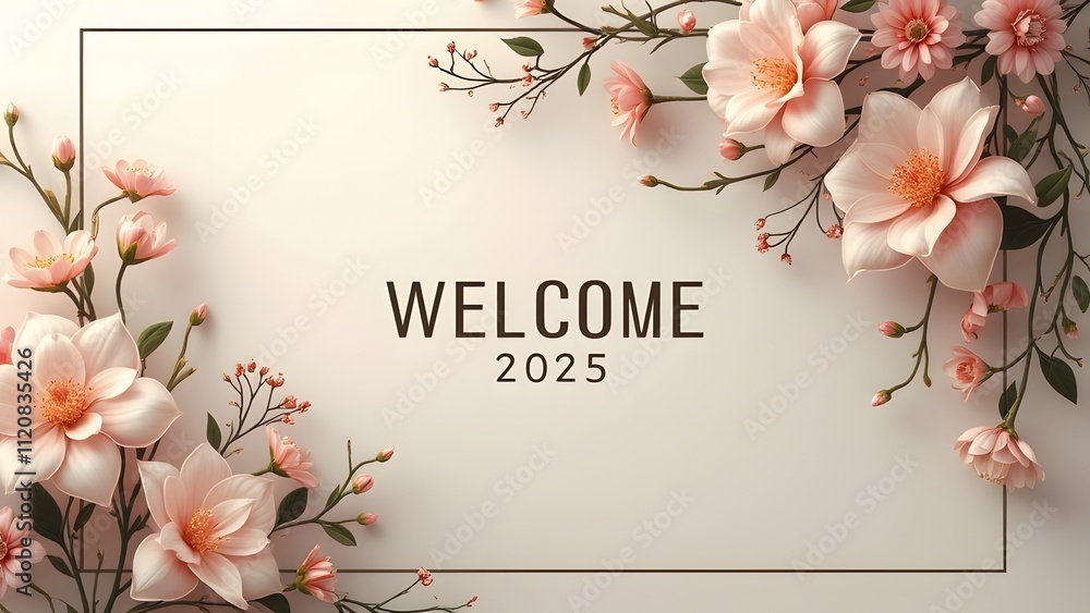 Poster welcome 2025 text with a floral frame on a white background. 3d rendering generated by ai