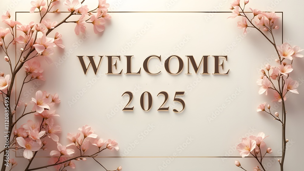 Aufkleber welcome 2025 text with a floral frame on a white background. 3d rendering generated by ai
