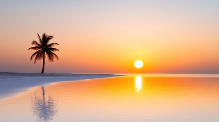 Serene sunset over a tranquil beach with a lone palm tree.