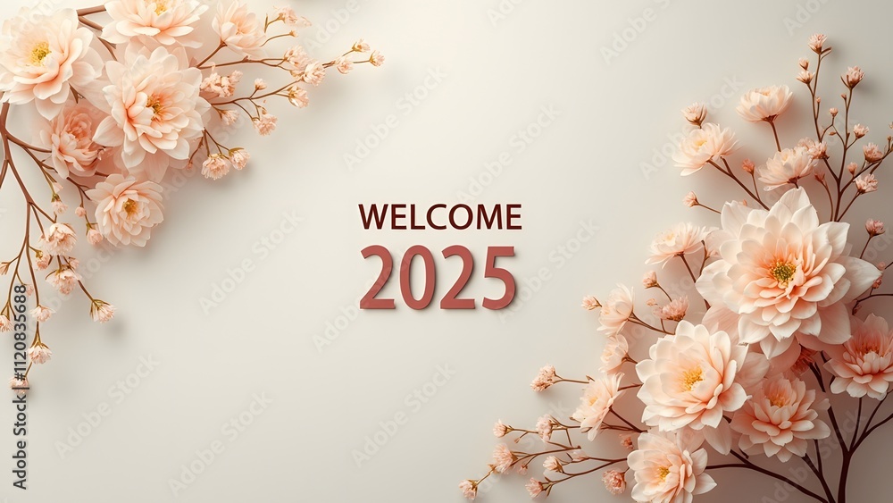Poster welcome 2025 text with a floral frame on a white background. 3d rendering generated by ai