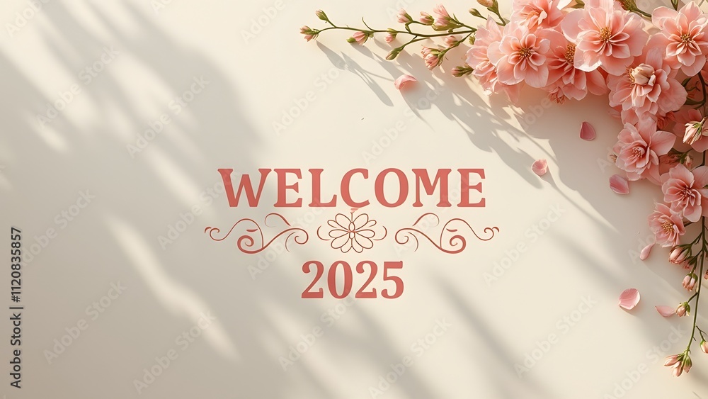 Aufkleber welcome 2025 text with a floral frame on a white background. 3d rendering generated by ai