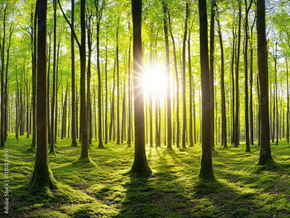 Aufkleber lush green forest with sunlight shining through trees in a vibrant spring setting, creating a serene