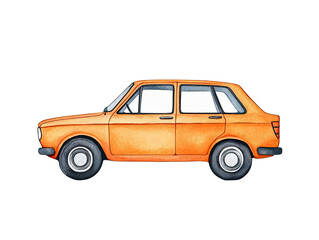 Watercolor illustration of a classic orange car with detailed features and elegant style on a white background