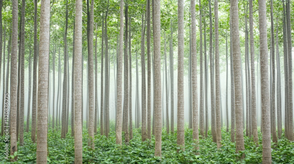 Poster serene foggy forest with tall trees surrounded by lush green foliage creating a tranquil and calm na
