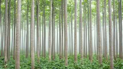 Serene Foggy Forest with Tall Trees Surrounded by Lush Green Foliage Creating a Tranquil and Calm Natural Environment for Relaxation and Reflection