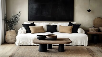 A cozy living room featuring neutral-toned sofas with linen covers, burlap-textured throw pillows, woven baskets as decor, a jute rug on wooden floors, and potted greenery adding vibrancy,