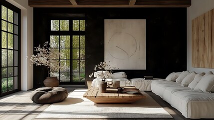 A cozy living room with soft linen furniture, light streaming through wide French doors leading to a blooming countryside garden, layered rugs on wooden floors,