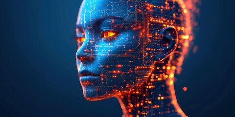 Futuristic Humanoid Head with Glowing Circuits in Cyberpunk Style