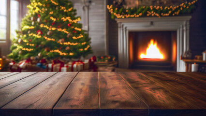 Rustic wooden table with visible grain and a cozy Christmas tree glowing softly