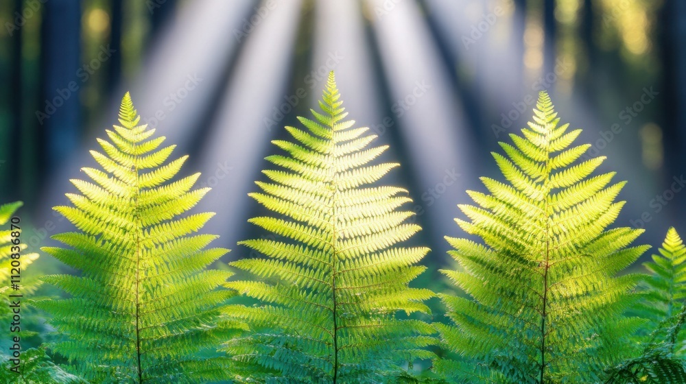 Poster lush green ferns with sunlight filtering through a dense forest, creating a serene and tranquil atmo