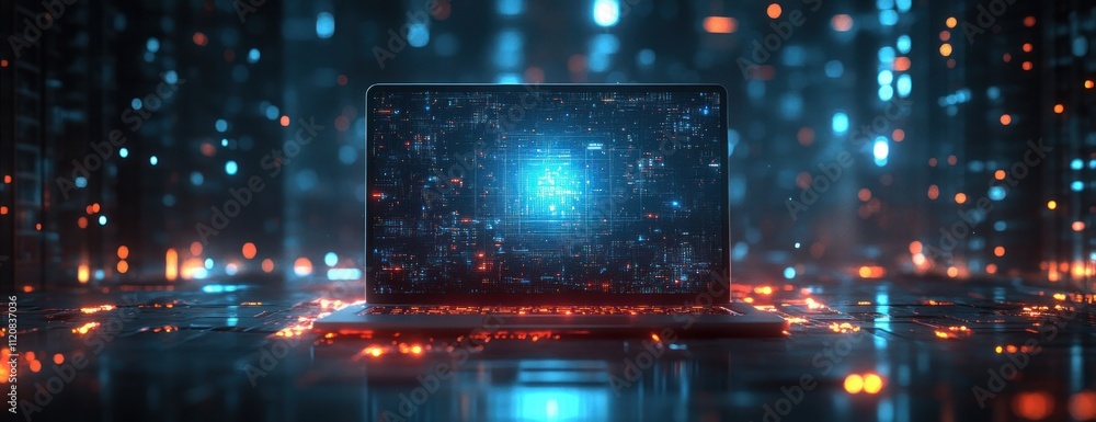 Poster futuristic digital workspace with holographic data projections in cyberpunk style
