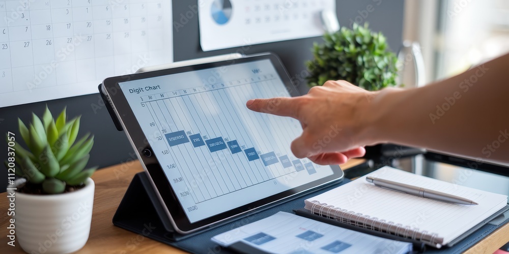 Poster analyzing financial data on a tablet device