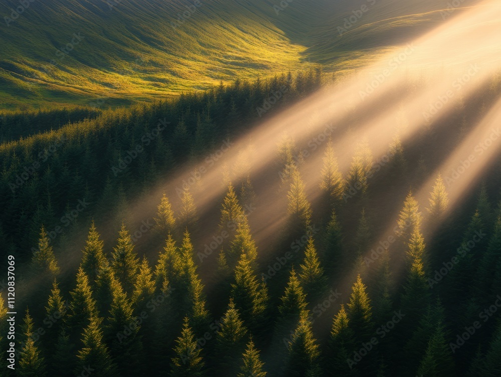 Poster soft sunlight filtering through evergreen forest with lush greenery and play of light and shadow cre
