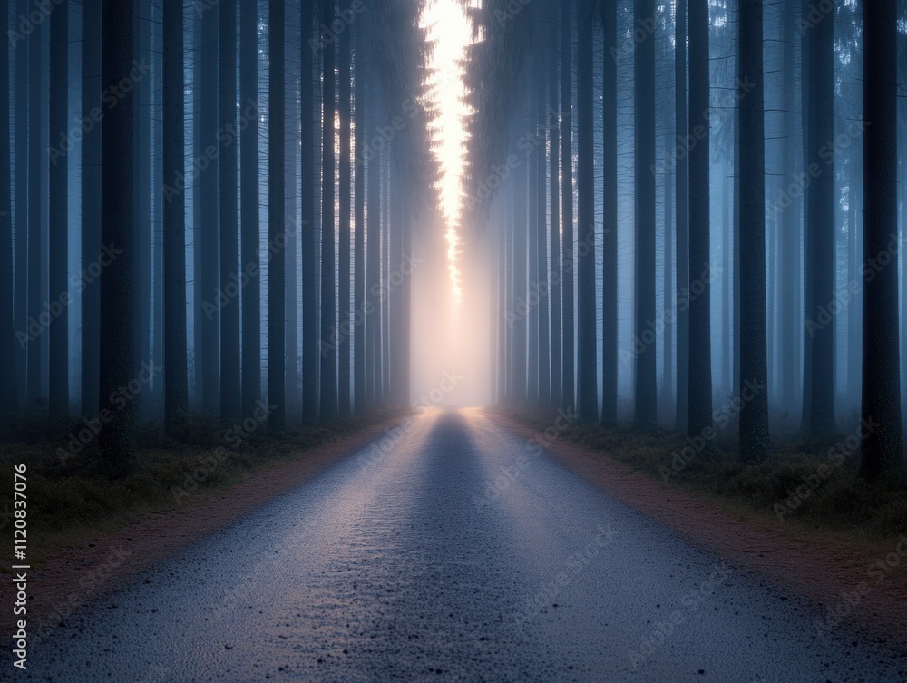 Poster enigmatic forest pathway surrounded by tall trees under soft mist revealing a bright light at the en