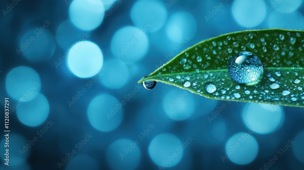 Poster close-up of a green leaf with water droplets against a soft blue background creating an artistic and