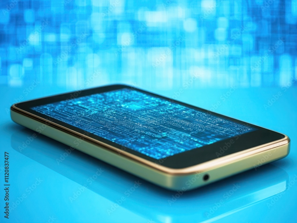 Poster modern smartphone on glossy surface with abstract digital pattern background depicting technology, c