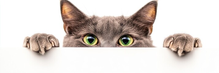 Fototapeta premium Cat peeking over a surface with curious eyes.
