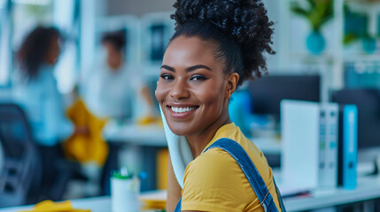 Smiling bi-racial woman cleaning an office desk with a rag, near a colleague in the blurred background.