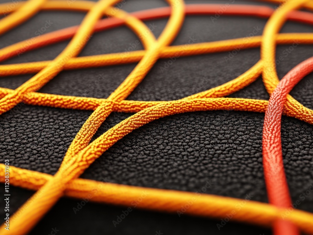 Poster vibrant abstract textures with interwoven laces in bold orange and red colors on a dark background f