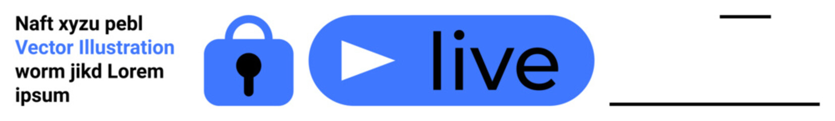 Live streaming button with play icon and blue lock representing security next to text block. Ideal for digital content, streaming services, technology, online security, tutorials, webinars, media