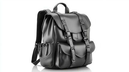 Fototapeta premium Stylish Black Leather Backpack, Multiple Pockets, Buckles, Modern Design Accessory