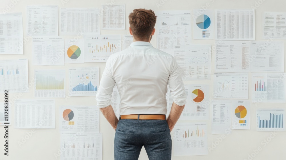 Poster professional man analyzing data charts and graphs on wall in office environment for business strateg