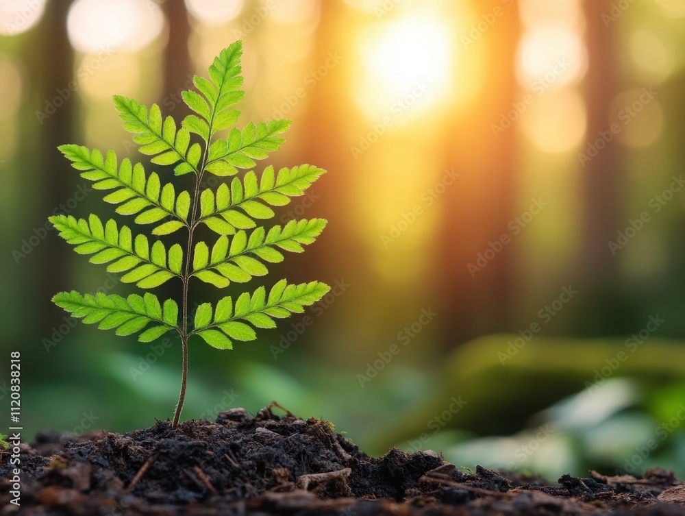 Poster green fern seedling emerging from dark soil in forest environment with soft sunlight illuminating ba
