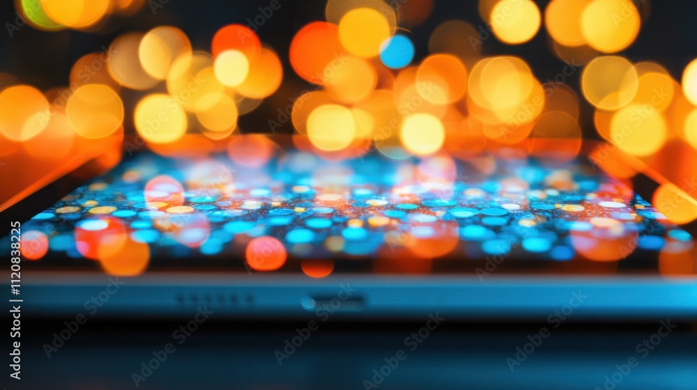 Poster soft focus on tablet screen surrounded by abstract colorful bokeh lights for a modern digital backgr