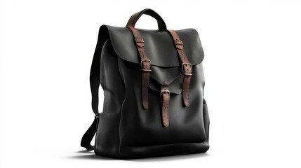 Naklejka premium Stylish Black Leather Backpack Brown Straps Casual Travel Bag Product Photography
