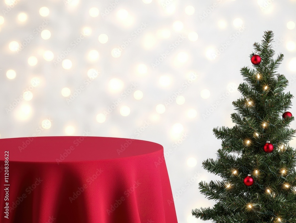 Poster a festive setup with a red tablecloth and a decorated christmas tree illuminated by soft lights, cre