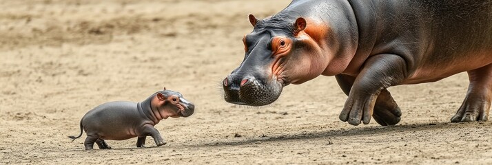 A baby hippo interacting with an adult hippo.