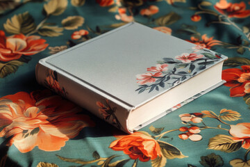 A light blue book with floral accents rests on a teal fabric with a floral pattern. Soft light enhances the colors and details.