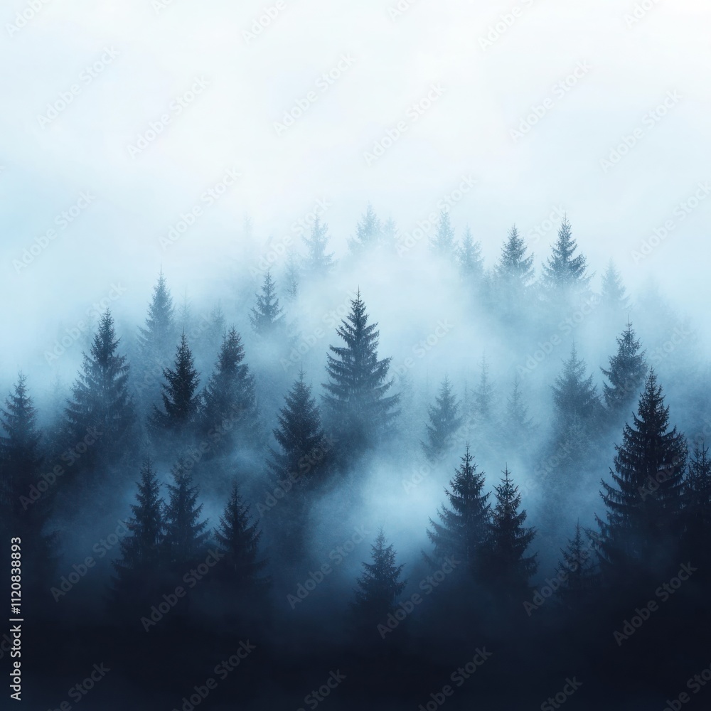 Poster majestic misty forest landscape at dawn with tall coniferous trees surrounded by enveloping fog and 