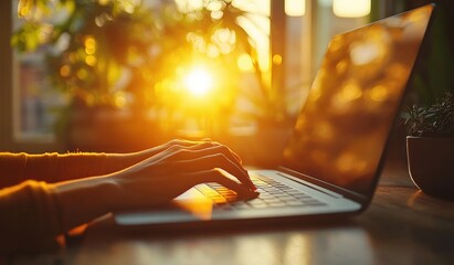 Close-up of Hand Hovering Over Laptop Keyboard Soft Light Concentration Minimalist Style