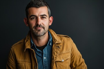 Obraz premium Confident Man in Casual Attire Posing Against a Dark Background