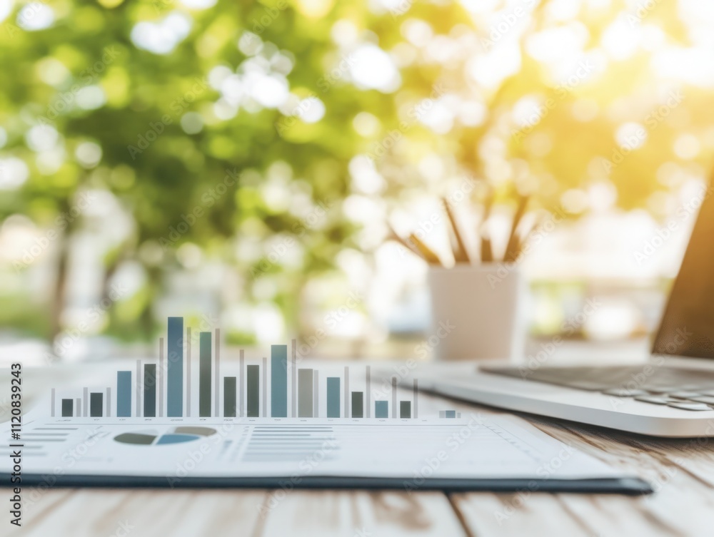 Aufkleber business data analysis with charts and graphs on desk surrounded by nature, presenting growth and su