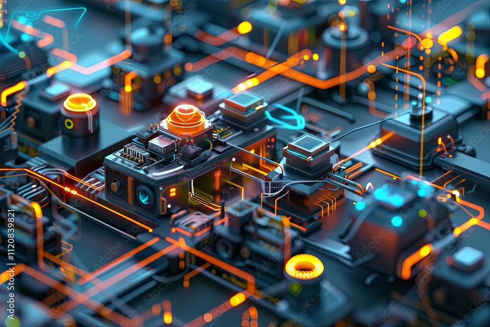 Poster intricate electronic circuit board with glowing elements and interconnected pathways at night. gener