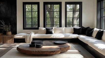 A farmhouse-modern living room showcasing sleek black window frames, a corner seating arrangement with soft neutral tones and textured throws, layered vintage rugs, rustic wooden decor,