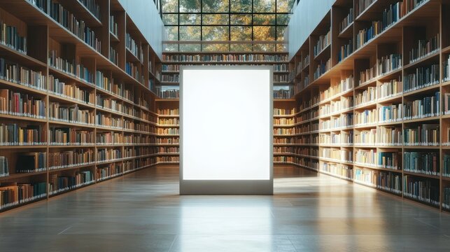 Minimalist Library Interior with Natural Light and White Panel for Advertising Books and Promotions