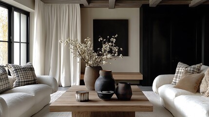 A light-filled living room with neutral furniture, plaid armchairs paired with floral throw pillows, a wooden coffee table with a vase of fresh flowers, and sunlight streaming through sheer curtains,
