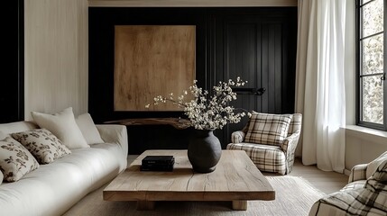 A light-filled living room with neutral furniture, plaid armchairs paired with floral throw pillows, a wooden coffee table with a vase of fresh flowers, and sunlight streaming through sheer curtains,