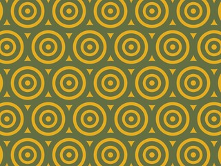 Seamless geometric pattern of concentric circles in mustard yellow and olive green.
